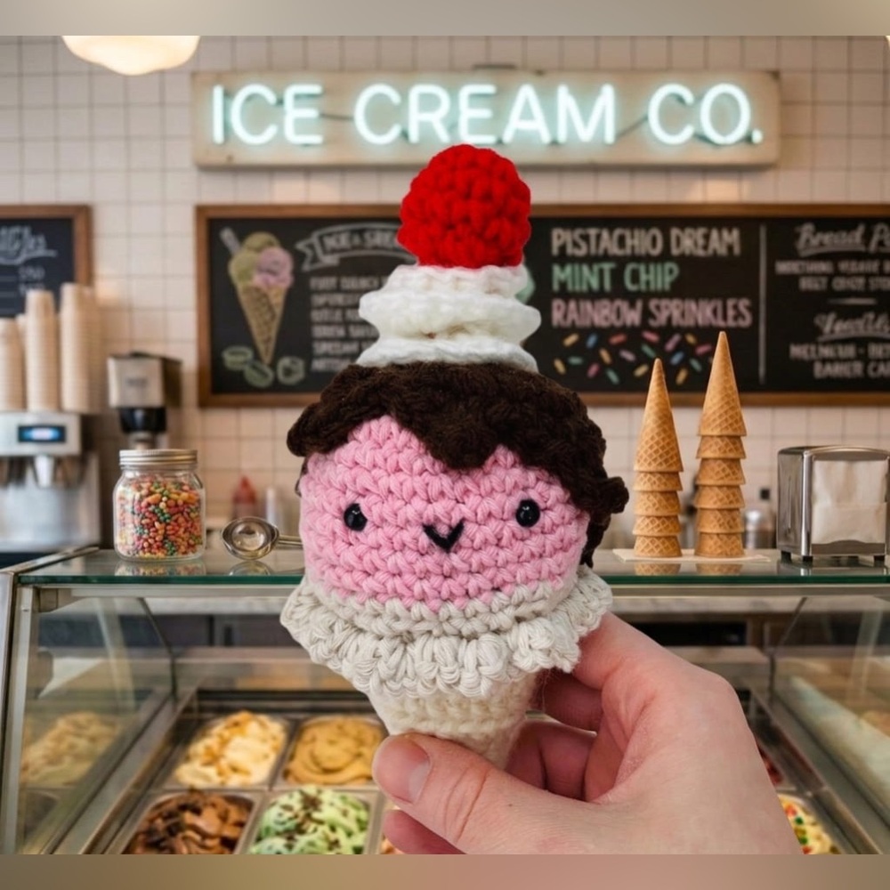 🍦Crochet Ice Cream Cone Plush - Pink, Cream, and Brown